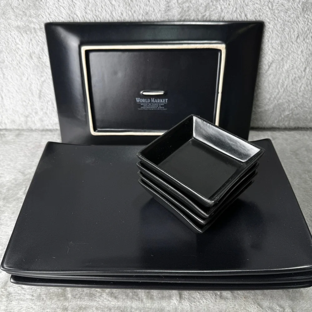 World Market Sushi Matte Black Ceramic Rectangular Plates Set 4 Dipping Bowls